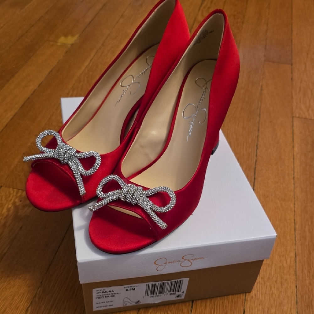 Jessica Simpson Red Satin Heels with Rhinestone Bows